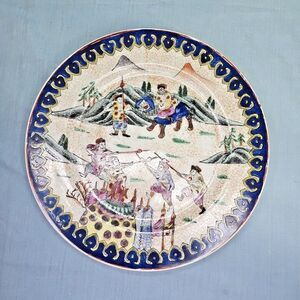 Chinese Warriors Plate Crackled Cobalt Rim Macau NORA FENTON Oriental 10'' VTG